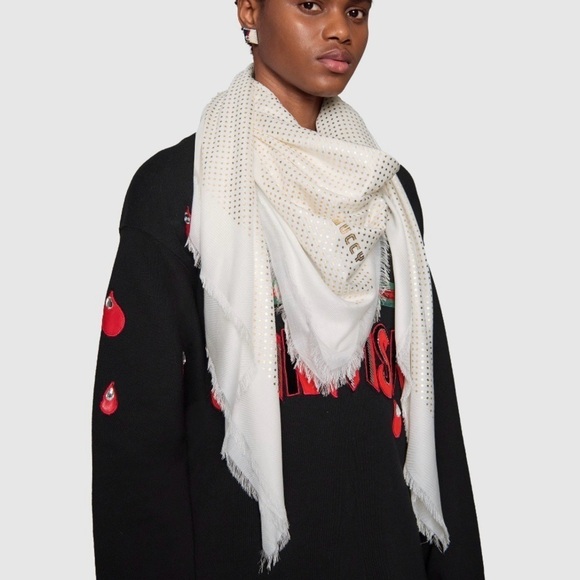 Gucci, GUCCY Modal Cashmere Shawl, White with Gold Stars and Retro Font “Guccy” - Picture 1 of 15